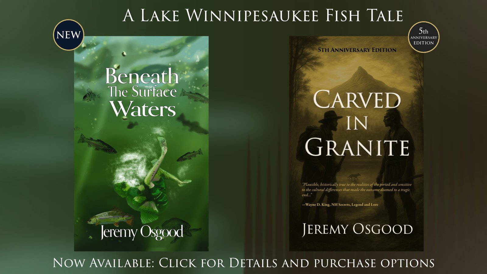 New book release covers for Beneath the Surface Waters and Carved in Granite by Jeremy Osgood
